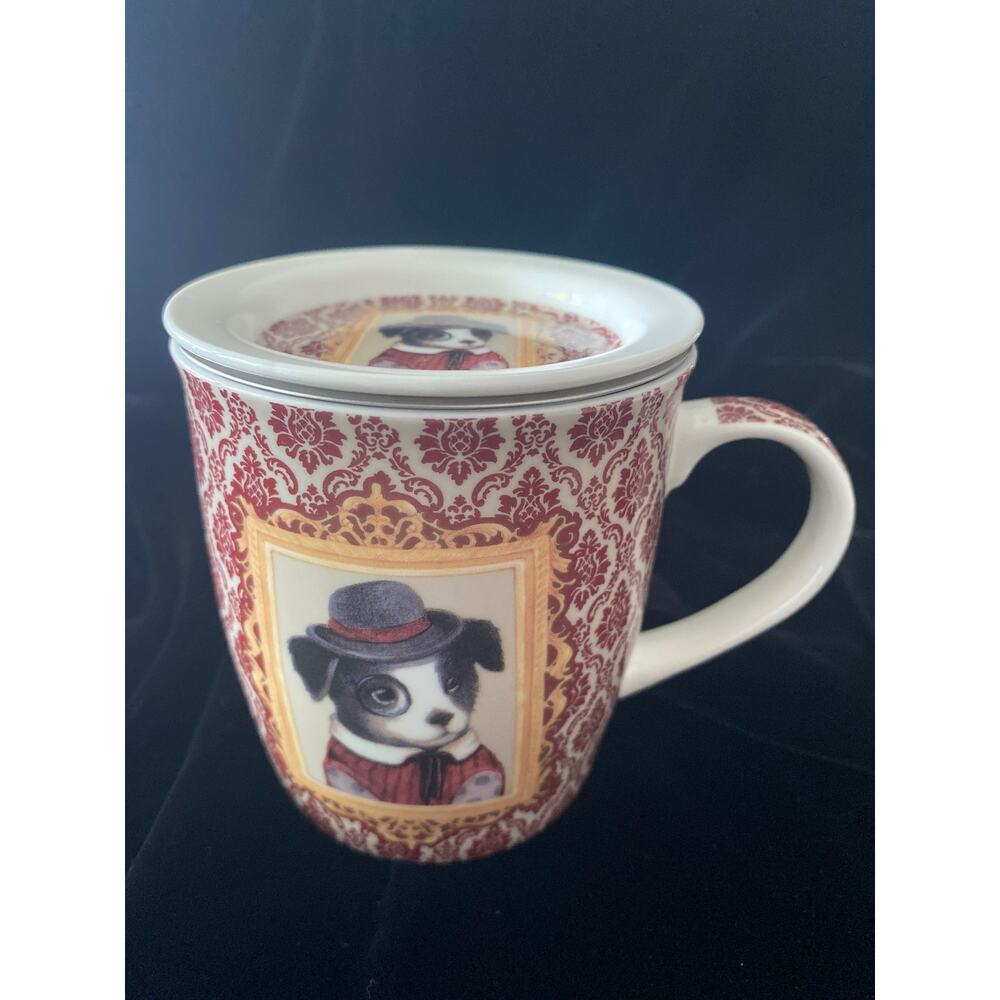 Efya Porcelain Tea Infuser Mug Red Damask Dapper Dog Portrait with Lid Strainer - Picture 9 of 12